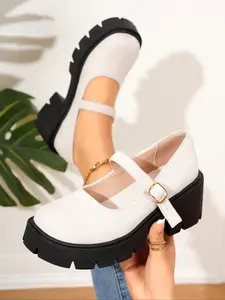 Women's Spring Summer New Solid Color Elegant Classy Stylish Fashion Thick Sole Platform High Heels, Comfortable Lightweight Mid-Heel Single Shoes, Velvet Mary Jane Pumps
