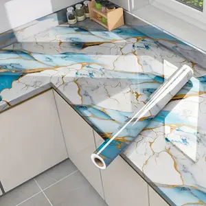 Blue Gold Marble Self-Adhesive PVC Wall Sticker, High Temperature Resistant Waterproof Oil-Proof, Kitchen Bathroom Decor, Marble Backsplash Wallpaper