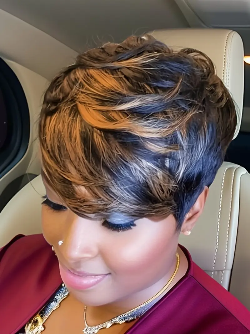 Highlight Wig 1b/30# Color Short Pixie Cut Wigs with Bangs Layered Cut Wigs Real Hair Wigs Machine Made
