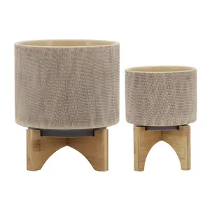 Sagebrook Home Tan Ceramic Planter with Mesh Design on Stand Set of 2