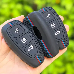 Durable Silicone Key Ring Cover for Ford Mondeo, C-Max, Focus, Fiesta, Puma, Grand Kuga, Ecosport, Transit - Hexagonal Pattern with Red & Blue Line, Keyless Remote Control Holder Protector, Key Ring Holder | Modern Key Cover | Silicone Key Cover