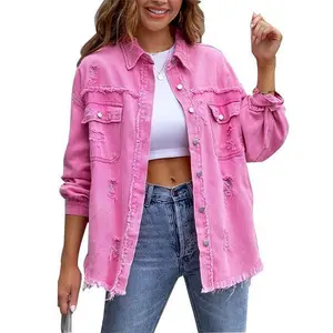 Women's Plain Button Front Ripped Jackets Fit Tops Womenswear Comfortable Hipster Style Sleeve Pocket Jacket Casual Long Denim Cotton Longsleeves