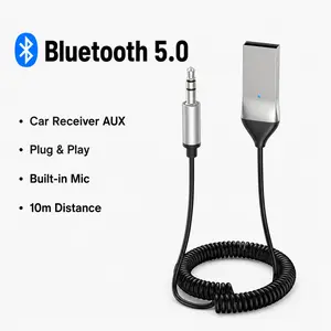 Aux to Bluetooth 5.0 Adapter Wireless Receiver for Car Hands-Free with Built-in Microphone AUX 3.5mm Stereo Audio - Auxiliary Cord, Compatible with Car Speaker and Home Audio