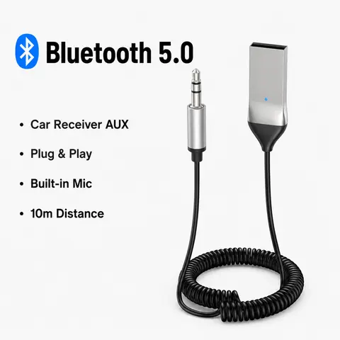 Bluetooth 5.0 Durable Alloy Wireless Receiver Adapter (Bluetooth Car Adapter), Built-in Microphone, 3.5mm Auxiliary Port, 10m Stable Link, Hands-Free Calling, Compact Design, USB Connection, for Car Speakers & Computers (Office Network Components)