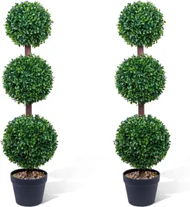 2 Pack Triple Ball Boxwood Topiary Tree, 3FT Realistic Indoor Outdoor Faux Greenery with Black Planter, Perfect for Entryway Patio Home Office Decor