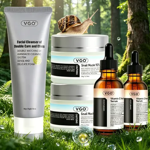 VGO Unisex 3-in-1 Box Set Skin Care Kits - Anti-Aging 3-Piece Kit with Vitamin C Serum, Snail Moisturizer, Facial Cleanser for Sensitive Skin, Gentle Daily Hydrate & Moisture Support