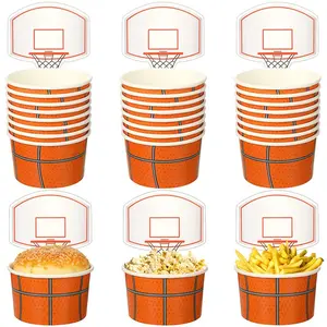 24 Basketball Snack Cups Set, Theme Party Supplies, Disposable Paper Cup, Birthday Gift Decoration, Sports Ball Bowl, Includes Cards
