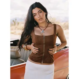 Rodeo Faux Suede Zip Through Top Brown