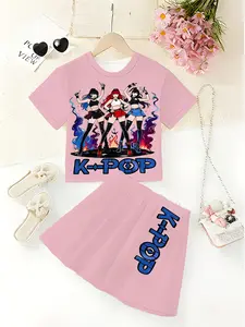 Girls' 3D Cartoon Print Top and Skirt Set, Summer Casual, Round Neck Short Sleeve, Two-Piece Suit, Daily Wear