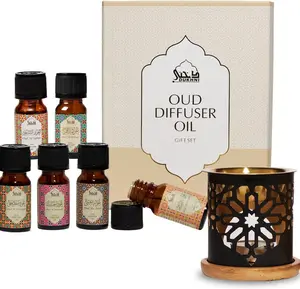 Dukhni Oud Essential Oil Diffuser Blend & Candle Burner Set, 6x10ml Arabic Oils, Home Aromatherapy Diffuser for Relaxation, Islamic Gift