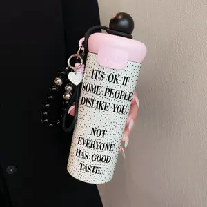 600ML Insulated Stainless Steel Mug with Beaded Bracelet, Motivational English Pattern, Leak-Proof Travel Cup, Fashionable Gift for Women, Leakproof Insulated Tumbler