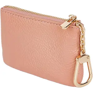 Full Grain Leather Coin Purse with Key Chain - Small Change Purse Keychain Card Holder Keychain Pouch Small Keychain Wallet for Women and Men (Pink)