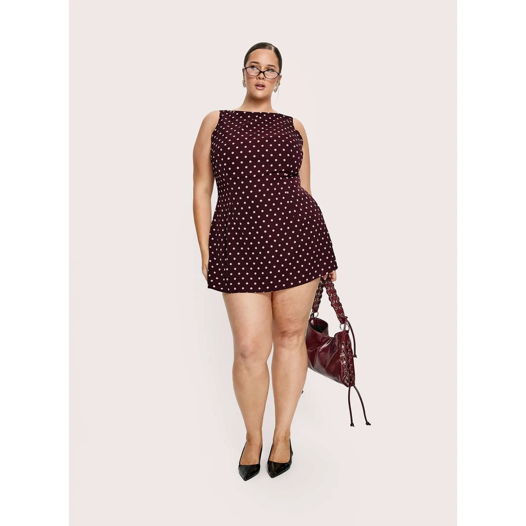 Kherin Boat Neck Romper Wine Polka Curve