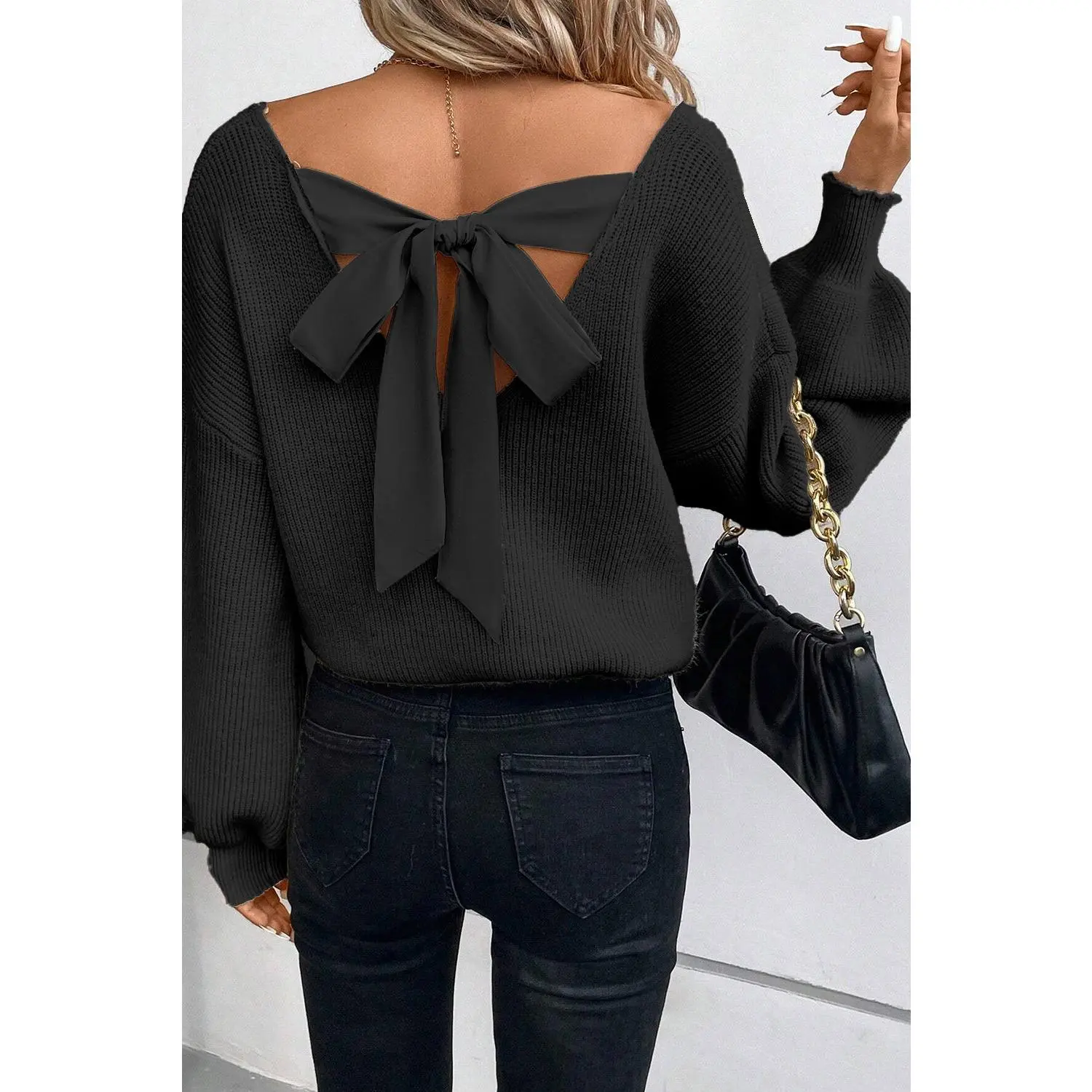 Black Lantern V Neck Knot Sweater