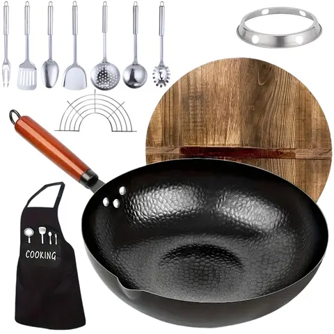 12.6 in Nitrided Rust Guard Anti-Adhesive Cast Iron Wok - Detachable Handle, Round Flat Bottom, Honeycomb Design, Easy-Pour Soup Lip, 13 Cookware Accessories, All Stoves Compatible for Cooking & Frying Pans & Woks