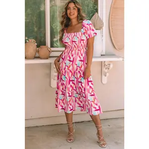 Pink Brush Stroke Printed Smocked Ruffle Tiered Dress