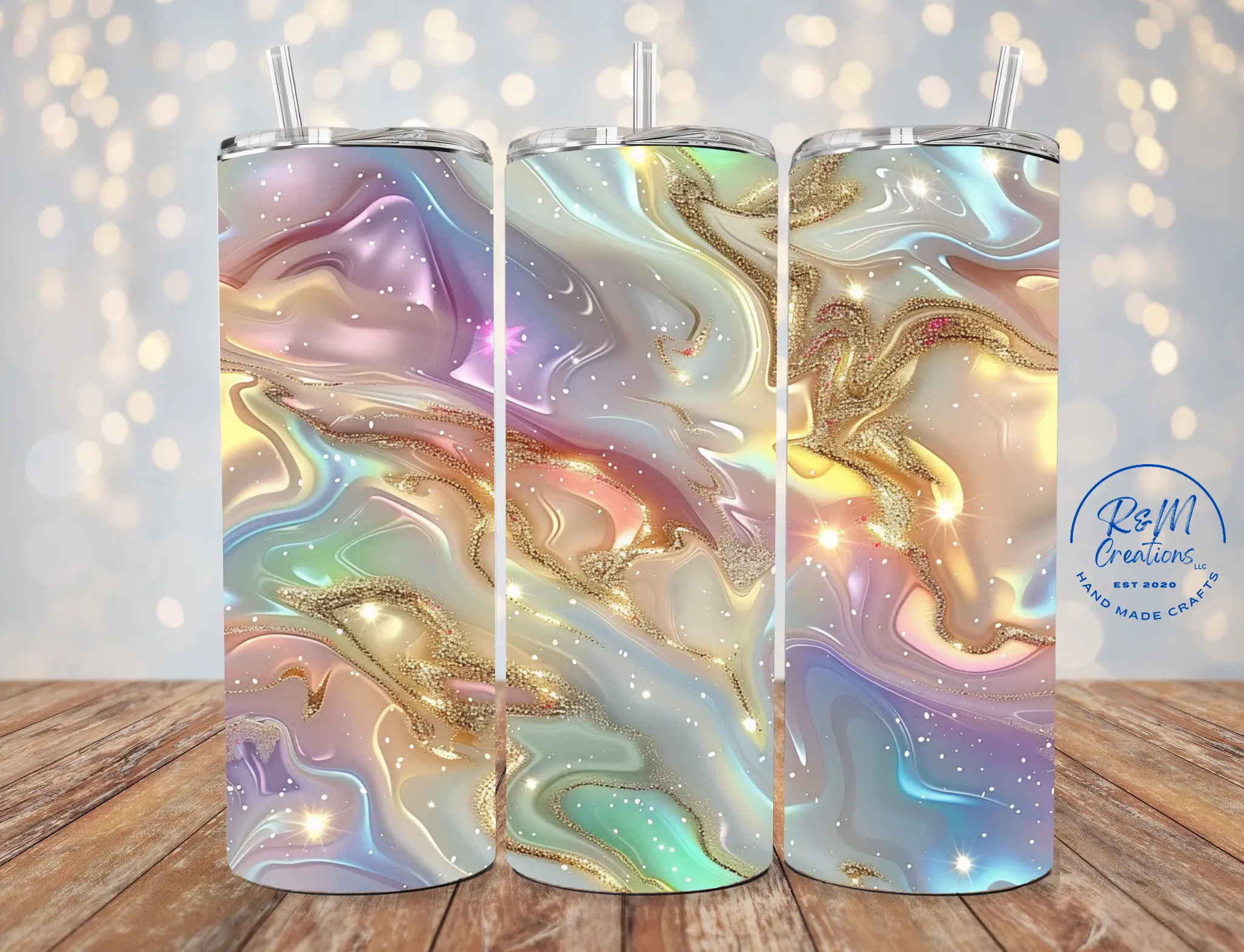R&M Creations Pastel Opal 20oz Tumbler with Straw Iridescent Marble Design & Gold Accents Unique Drinkware