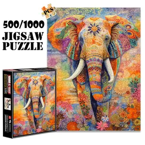 1pc 1000 piece adult puzzle 70x50cm Colorful Ornate - Patterned Elephant with Floral Background 500 pieces of paper jigsaw puzzle, suitable for adults and families, large-scale DIY puzzle interactiv