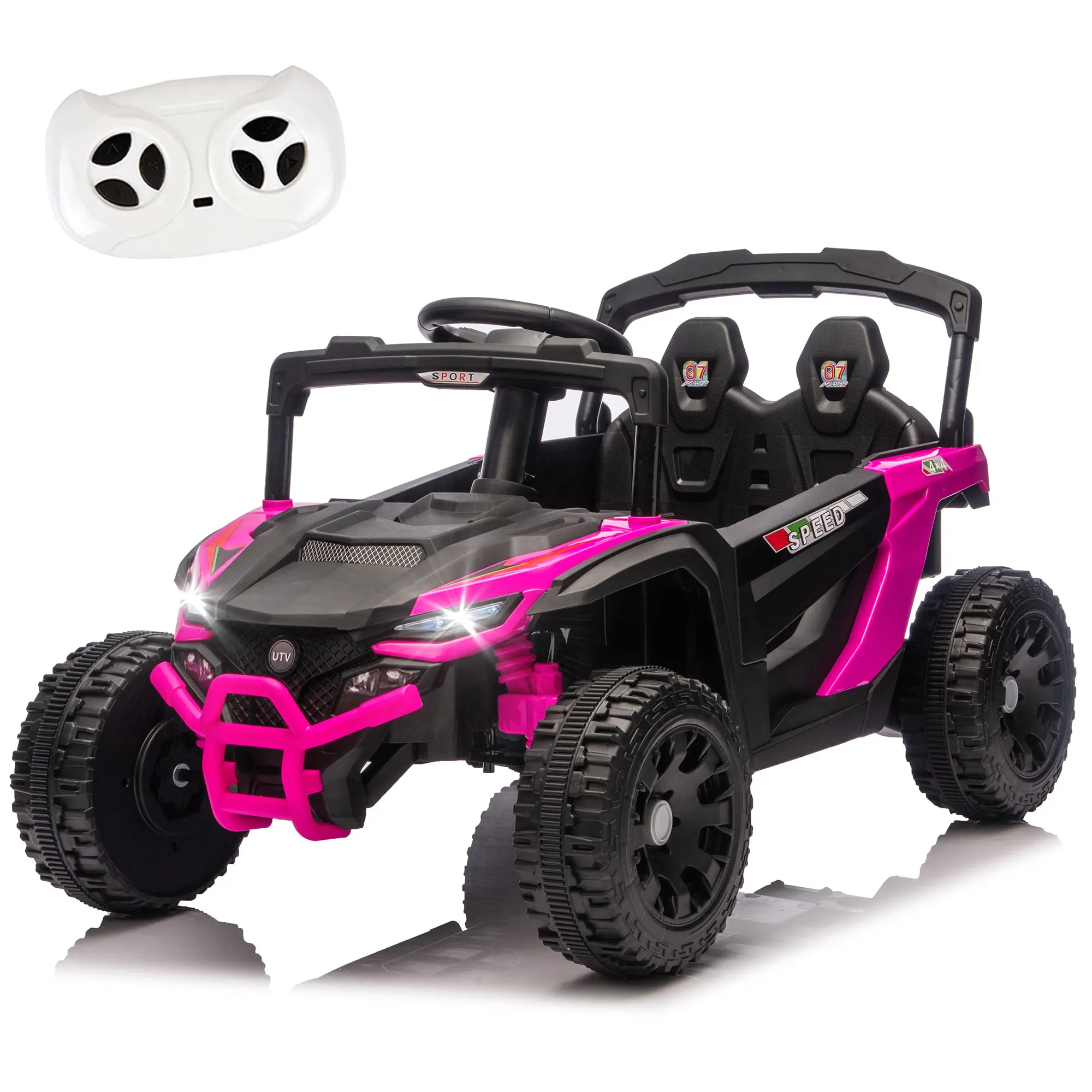 24V Kids ride on UTV W/ 2.4G PC,80W*2,4-wheel suspension, Anti-Collision bar, High Chassis and Anti-Slip Grip wheels, Bluetooth and Music,Provide a speed of 1.86-3.11mph for Kids Aged 3-5, Ages 3-5, Outdoor Play, Power Display