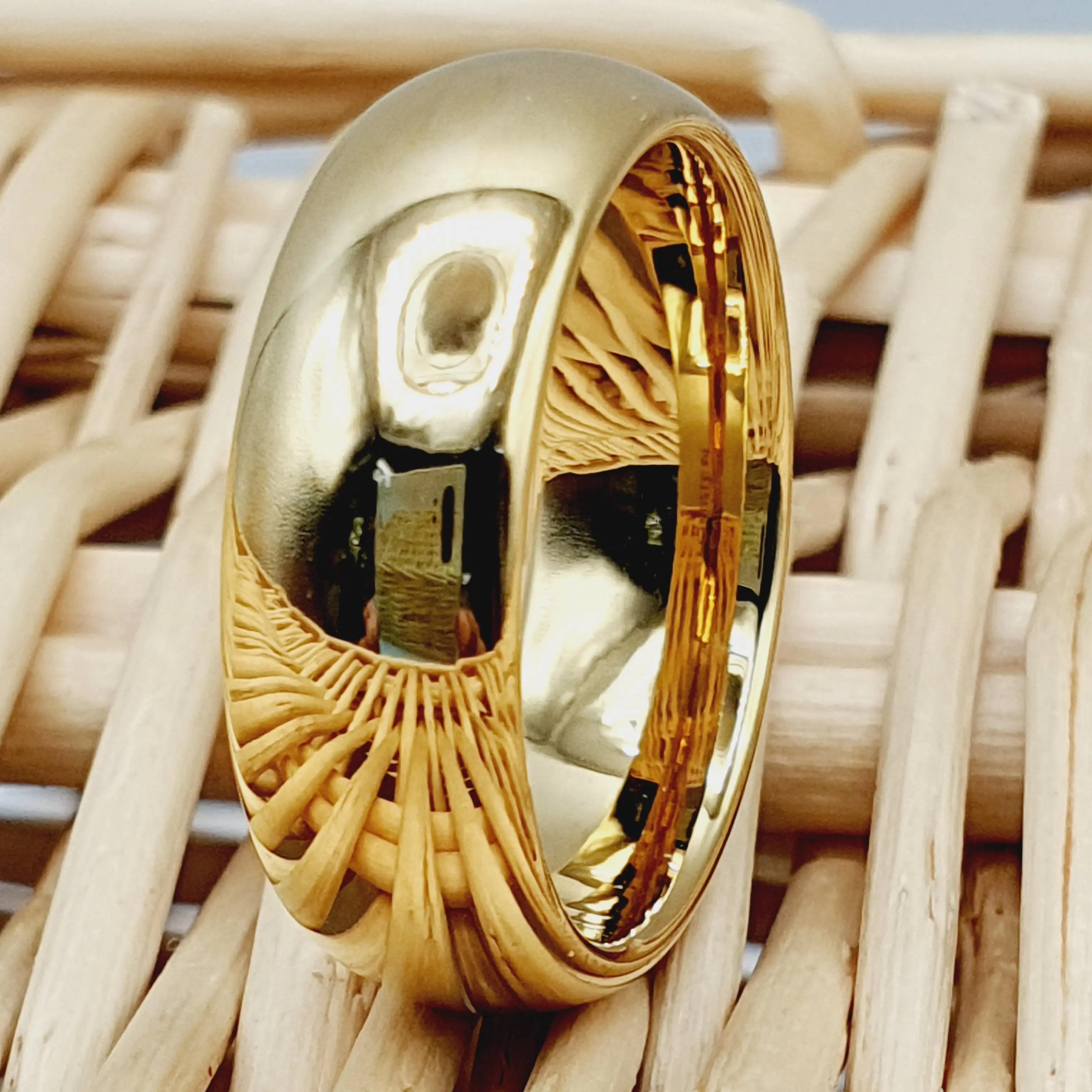 Dome 14k Yellow Gold Tungsten Ring for Men - 7MM Width, Comfort Fit, Shiny Polished Band