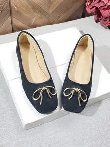 Women's Square Toe Ballet Flats, Soft Rubber Sole, Textile Upper, All-Season Comfortable Shoes, Elegant Metal Bow Design
