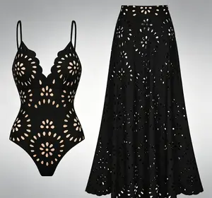 Women’s Laser Cut Dotted Black One Piece Swimsuit and Cover Skirt Swimwear Set Chic Beachwear Stylish Bathing Suit