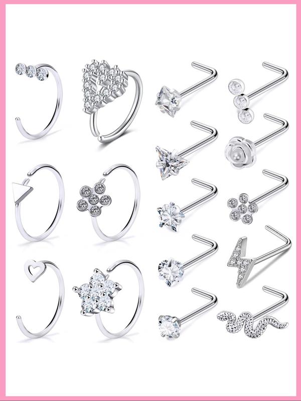 Women's 20g Nose Ring Stud Earrings, Surgical Steel Nose Stud with Shiny Cz Flower Design, Heart Butterfly Floral Patterns, Nose Piercing Jewelry