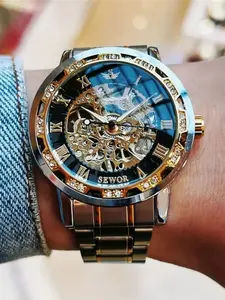 Luxury Men's Mechanical Watch, Vintage Open Face, Roman Numerals, Stainless Steel Band, Accents, Battery-Free, Casual Style
