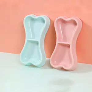 Household pet bowl bone-shaped double bowl cat bowl dog bowl cute durable shatterproof blue pink dog cat food dish