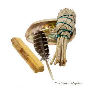 White Sage Smudge Kit with Abalone Shell, Feather & Palo Santo for Spiritual Cleansing and Healing