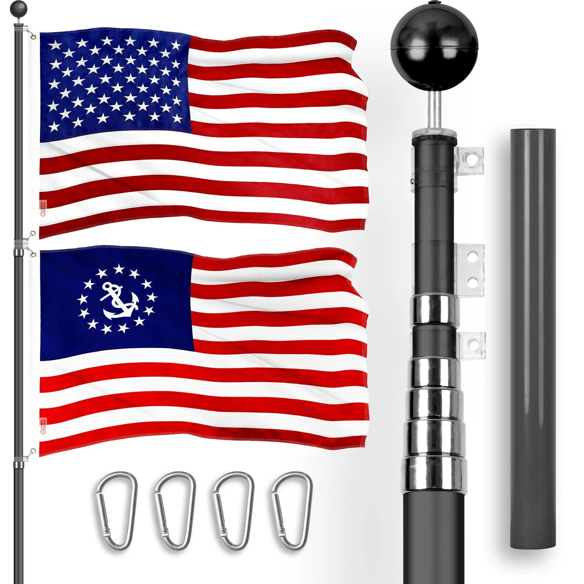 G128 Combo Pack: 25 Ft Telescoping Aluminum Flagpole (Black) & American and USA Yacht Ensign Flags 3x5 Ft, Both ToughWeave Series Embroidered Polyester | Pole with Flags Included