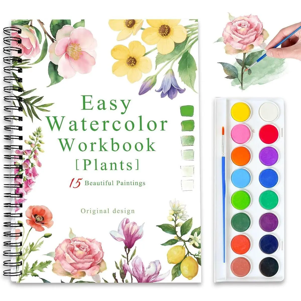 Watercolor Workbooks, 16 Colors Water Color Books Paint Set for Adults, Watercolor Coloring Book for Beginners, Water Color Workbook, 15 Beautiful Paintings for Beginners (Plants)
