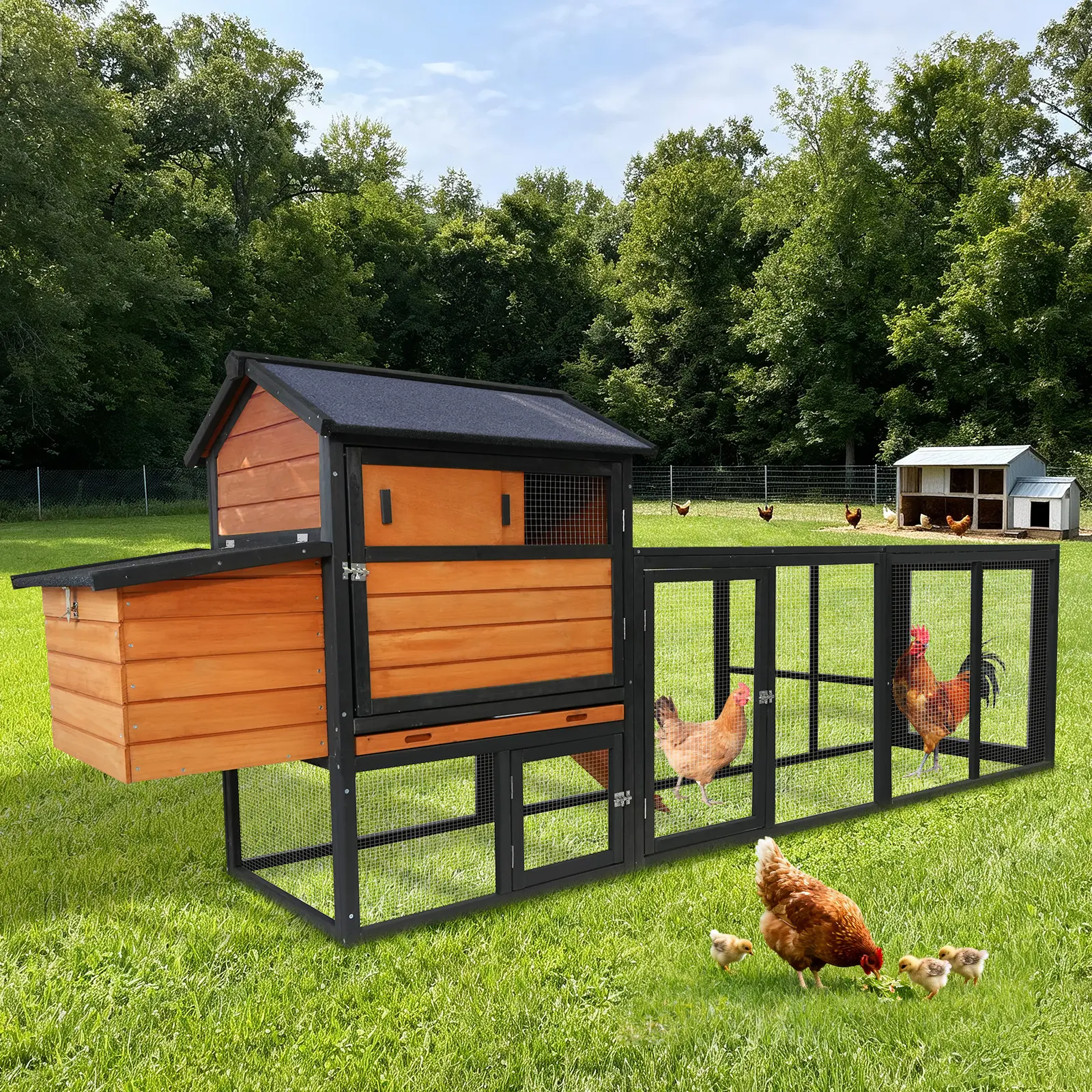Large Outdoor Wood Chicken Coop - Secure Predator Defense Poultry Cage with Practical Design, Double Door, Run, Nesting Box, Waterproof Anti-UV Panels, Eco-Friendly Paint, Strong Lock, Openable Top for Eggs (for Chickens, Geese), Goose