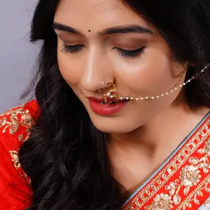 LoveNspire Gold-Plated Kundan Motif Clip-On Nose Ring - Geometric Design, Pearl Chain, Bollywood Style Nath, Female Nose Ring Jewelry, Wedding & Festive Occasion Gift