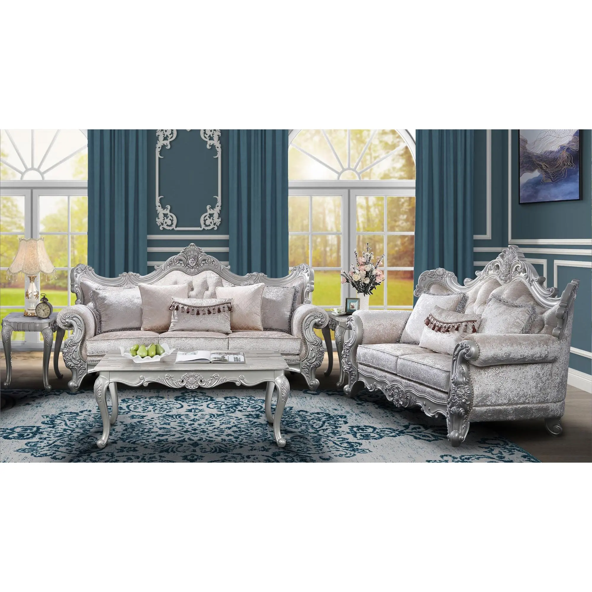 Champagne Tone 2-Pc Indoor Furniture Set - 5-Seat Chenille Upholstered Sofas, Manufactured Wood Frame, Silver Brush Finish, Plush Pillows for Intimate Home Seating Decor