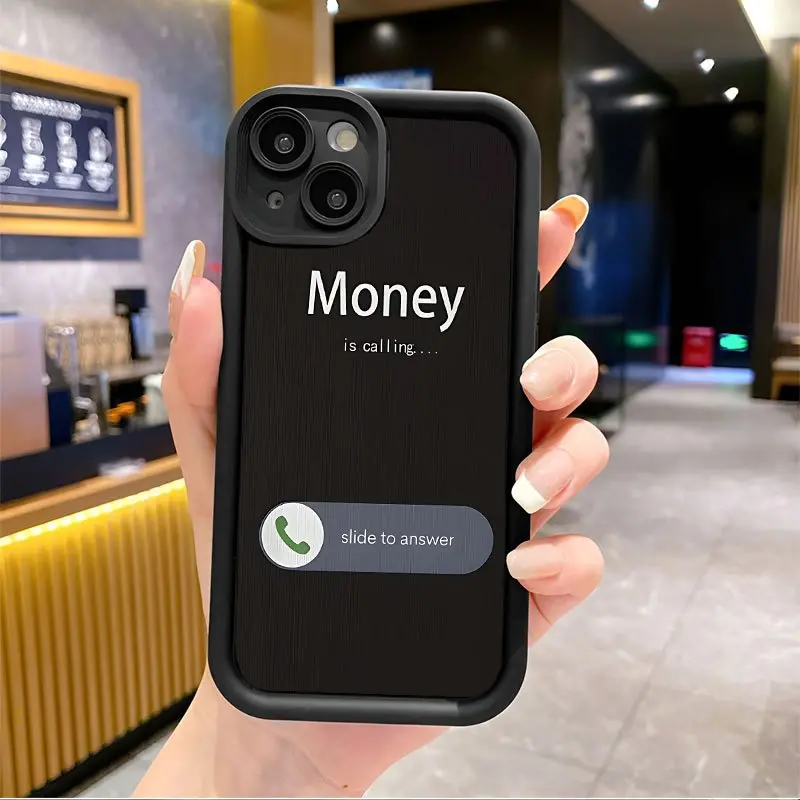 "Money is Calling" Text Pattern Silicone TPU Smartphone Case - Drop-Resistant, Rugged, Durable Casing with Straight Edge, 2D Printing, Full Protection for iPhone 17 Pro Max,16,16e,15,14 Plus,13,12 Mini,11,Air,X,XS - Handheld Cellphone Accessory Gift