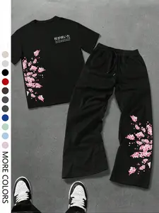 Japanese Cherry Blossom & Kanji Print 2-Piece Outfit, Short Sleeve Tee & Baggy Sweatpants Set, Sakura Floral Graphic Streetwear Tracksuit.