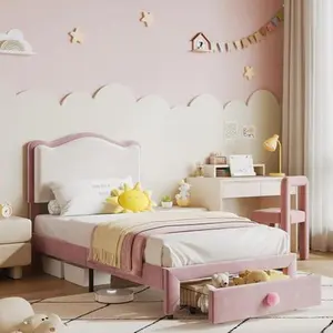 Child-Friendly Velvet Princess Twin Bed Frame - Upholstered Platform Bed with Scallop Headboard, Storage Drawer, Wooden Slats Support, No Box Spring Needed, Pink & White for Girls, Child-Friendly Beds