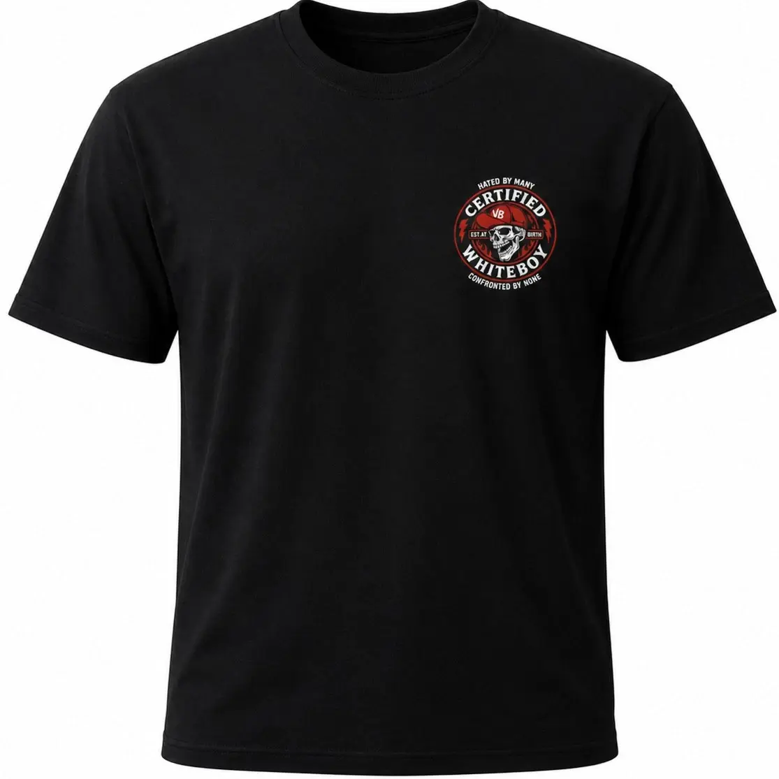 Certified Men’s Black Short-Sleeve Cotton T-Shirt, Casual Round Neck Streetwear Top with Stylish Whiteboy Skull Graphic & Logo Accent