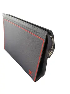 Pre-owned Louis Vuitton leather Clutches & Wristlets Blue Taiga Voyage MM Pouch with Red Stitching and Zip Closure