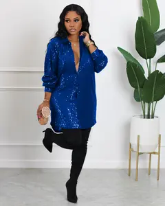This is a short solid-color shirt dress for spring and autumn women's wear. It features a long sleeve with sequins and deep V-shaped buttons, presenting a loose, comfortable, fashionable and sexy design. It is a women's dress