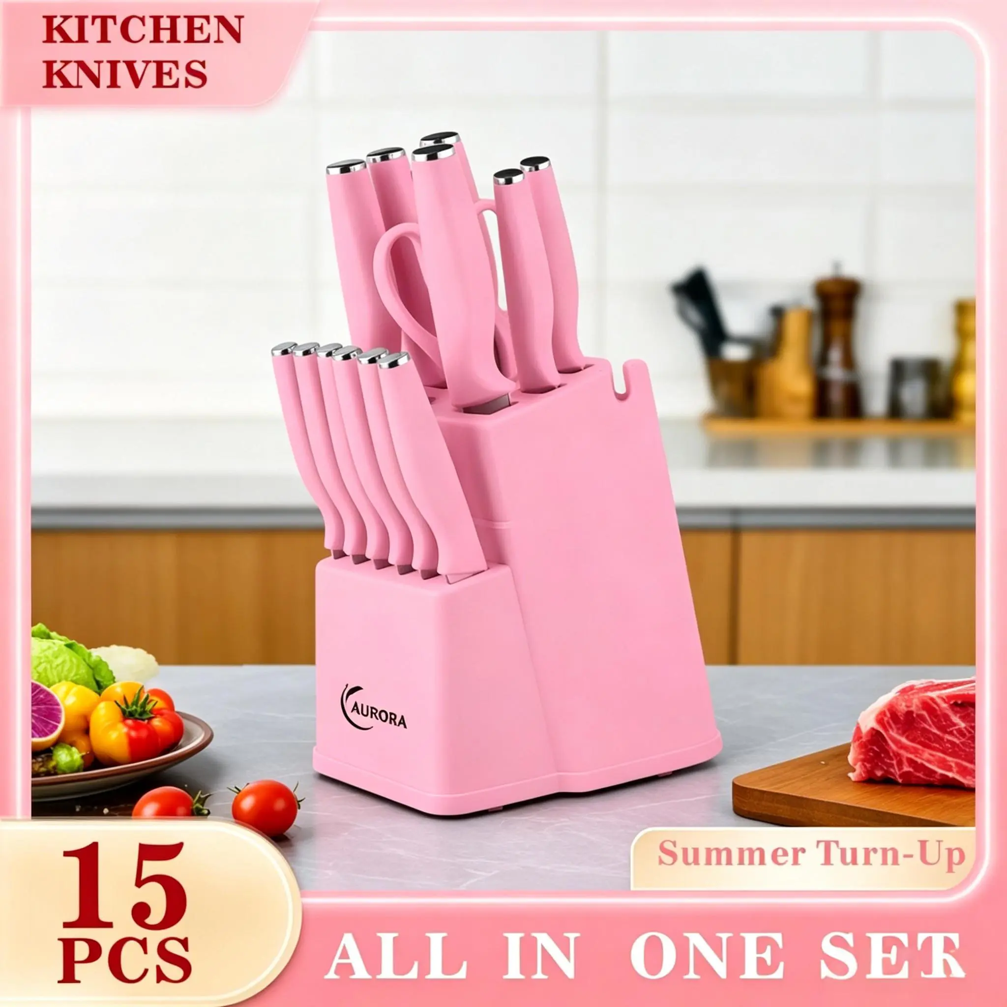 15pcs high carbonstainless steel kitchen knife steak knife set, chefbread ,knife sharpener Block, Serrated UtensilsSlicing Cutting Mother's Day gift Santoku HardWood German Premium Stainless with Kitchenware Storage Wooden spacesaving  knifeset