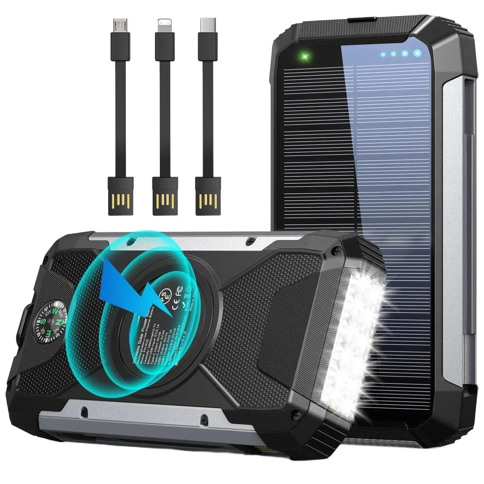 W25 High-Powered Modern Multi-Channel Portable Power Bank 38600mAh, Solar Wireless Charger with Built-in 3 Cables, 4 Outputs, 2 Inputs, 15W USB-C 5V/3A, Waterproof, Camping Light, Compass – Never Run Out of Battery, No More Dead Batteries