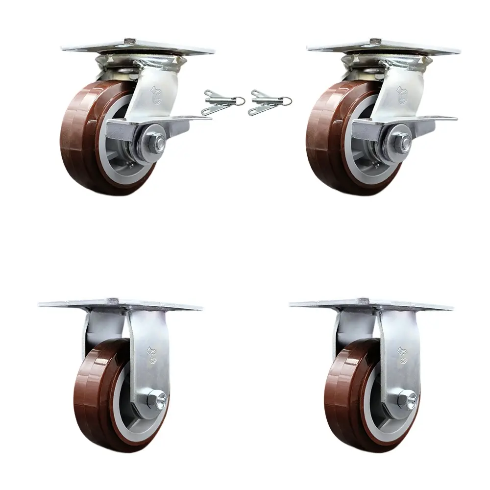 Service Caster SCC-35S520-PPUR-SLB-BSL-2-R-2 Heavy Duty Large Top Plate Polyurethane on Polyolefin Swivel Caster with 5 x 2 in. Maroon Wheels - 3000 lbs Capacity - Set of 4