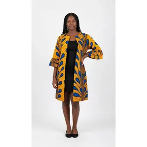 Golden Peacock Plume Jacket - African Print Bell-Sleeve Open Jacket (Women’s | XLarge)