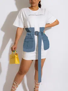 JOY PAY Women's Western Denim Sewn Belt Dress & Casual Loose Short-Sleeved Shirts White/Black Color Options