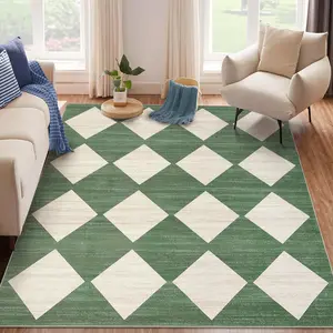 GARVEE Large Modern 9x12 Area Rug Washable Geometric Diamond Living Room Rug with Non-Slip Backing, Soft Low Pile Floor Cover, Stain-Resistant Carpet for Dining Room, Bedroom, Green