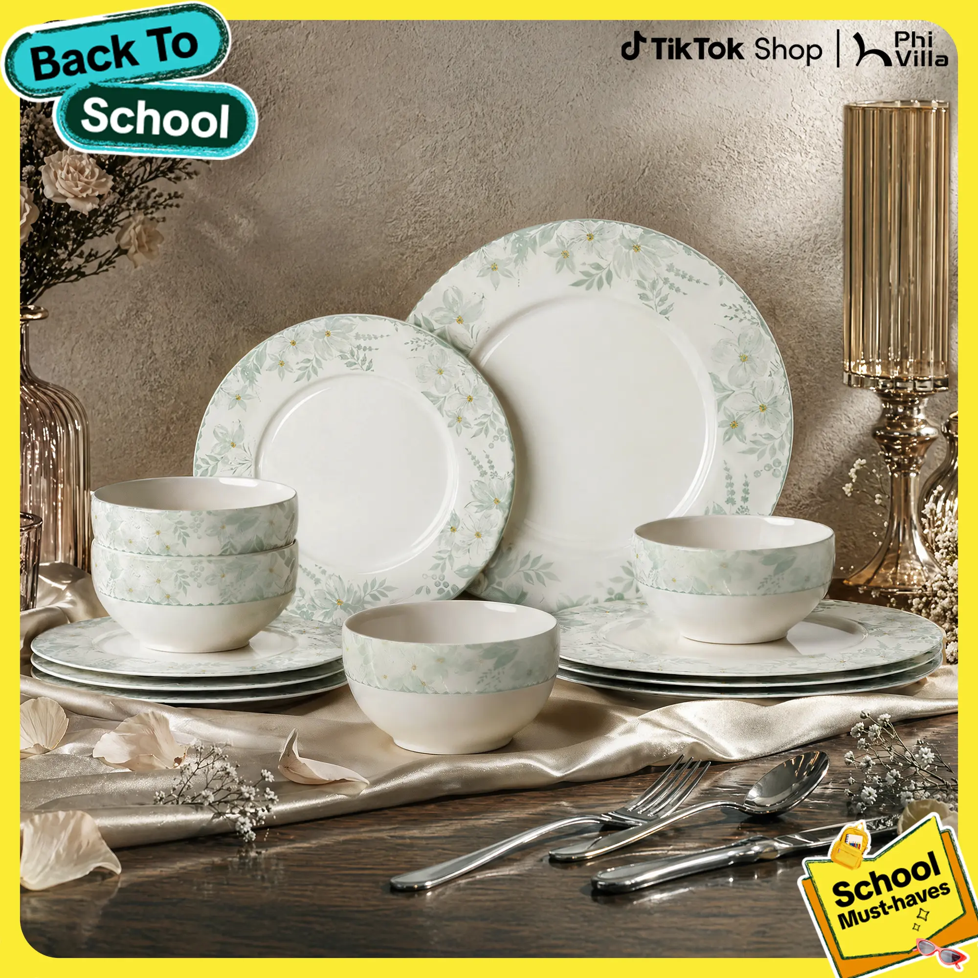 Kitchen Academy 24-Piece Bone China Dinnerware Set Service for 8, Delicate Porcelain, Lightweight, Microwave and Dishwasher, Wedding & Housewarming Gift