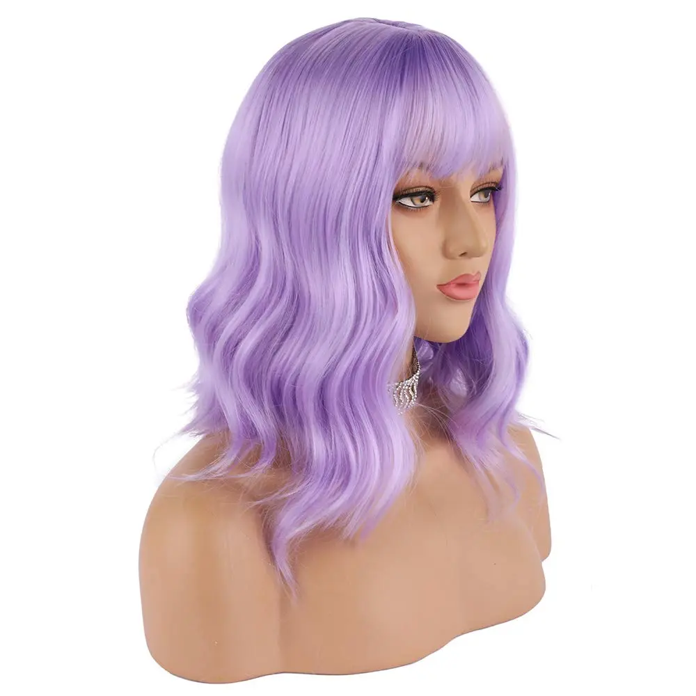 Lavender Purple Wig Short Colorful colored Curly Wavy Synthetic Bob Wigs with Air Bangs 14" Natural Lilac Neon Wigs for Women
