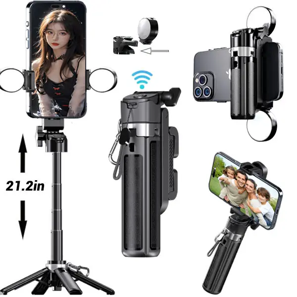 USfoture 6-in-1 Mini 20.5'' Selfie Stick with +LED Lights, Rechargeable Remote - Convertible to Tripod, Camera Grip, Handheld Stabilizer, Stand for Smartphones, Vlogging Equipment, Pocket Photo Gear (Mini Fold Storage, Recharge & Shoot)